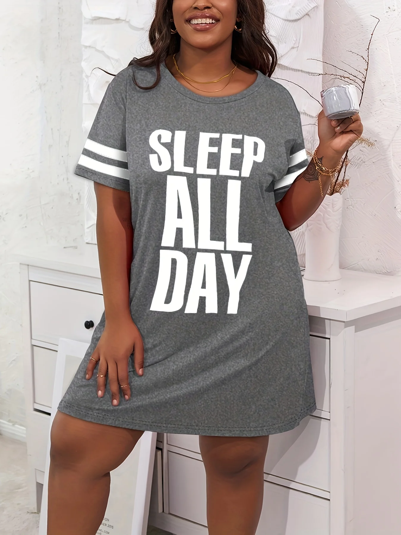 Plus Size Striped Sleep All Day Print Sleep Dress