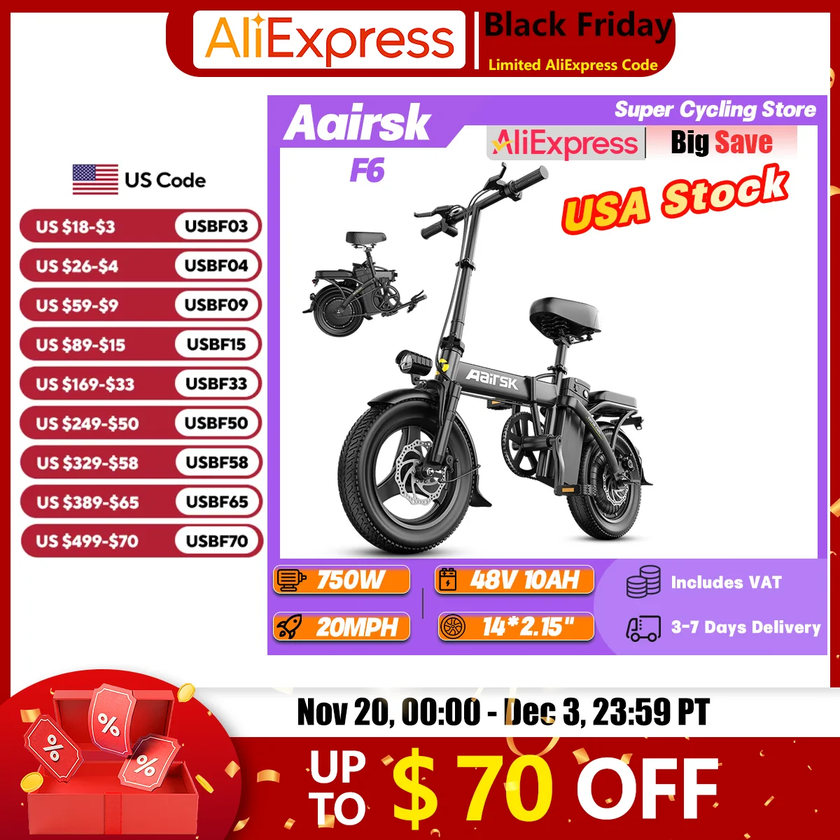 

Aairsk F6 Adult Folding Ebike 750W Peak Motor 48V 10Ah Lithium Battery Travel Electric Bicycle 14*2.15" Tire Urban Electric Bike