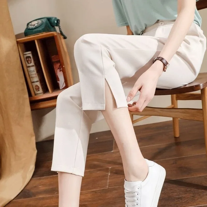 Khaki Dress Pants for Women High Waist Leg Slit Woman Summer Suit Pants Fashion Wide Leg Cropped Trousers Aesthetic Casual