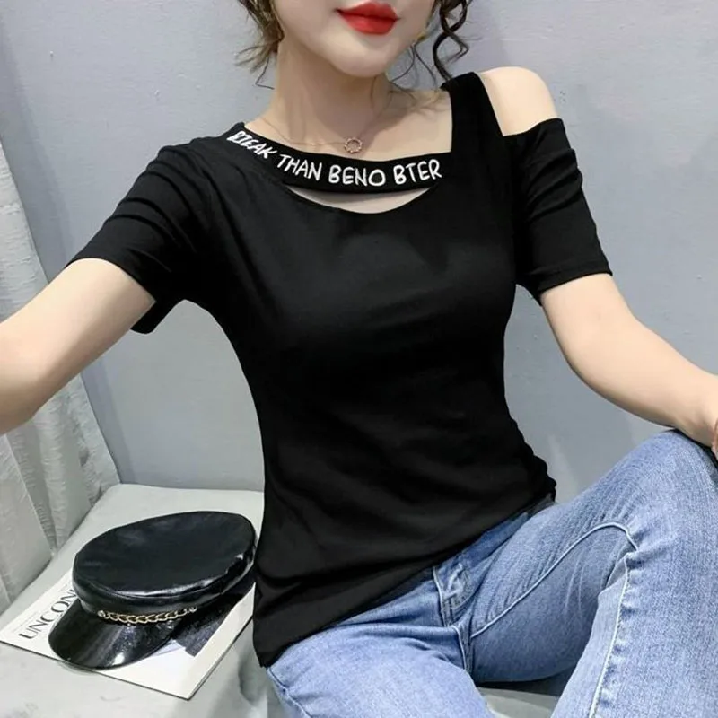 Fashion Skew Collar Spliced Hollow Out Letter Off Shoulder Blouse Female Clothing 2023 Summer New Casual Pullovers Sweet Shirt