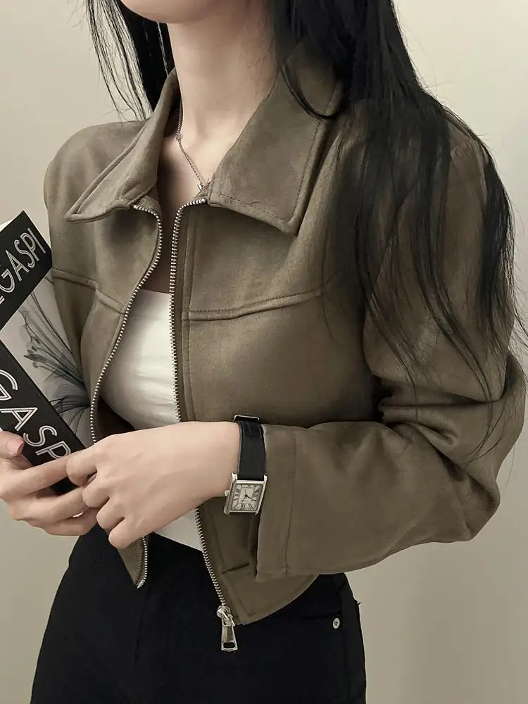 

Chic Spring Vintage Simple Pure Color Slimming Zipper Collar Suede erwear Commute Sle Polyester Fiber