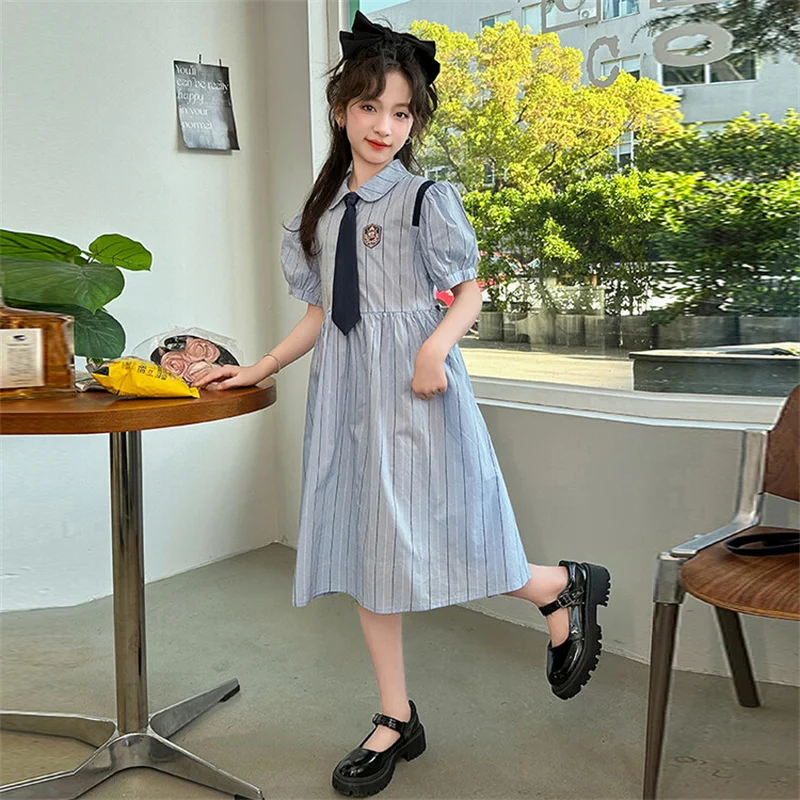 Girls Summer Dress 2024 New CuHK Kids preppy Princess Dress 6-12 years old 15 year old girls short sleeve