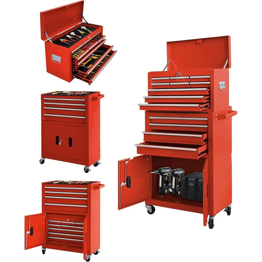 

13-Drawer Double Door Handles Rolling Tool Chest 2 in 1 Detachable Rolling Tool Chest with Large Lockable Storage Cabinet Mobil