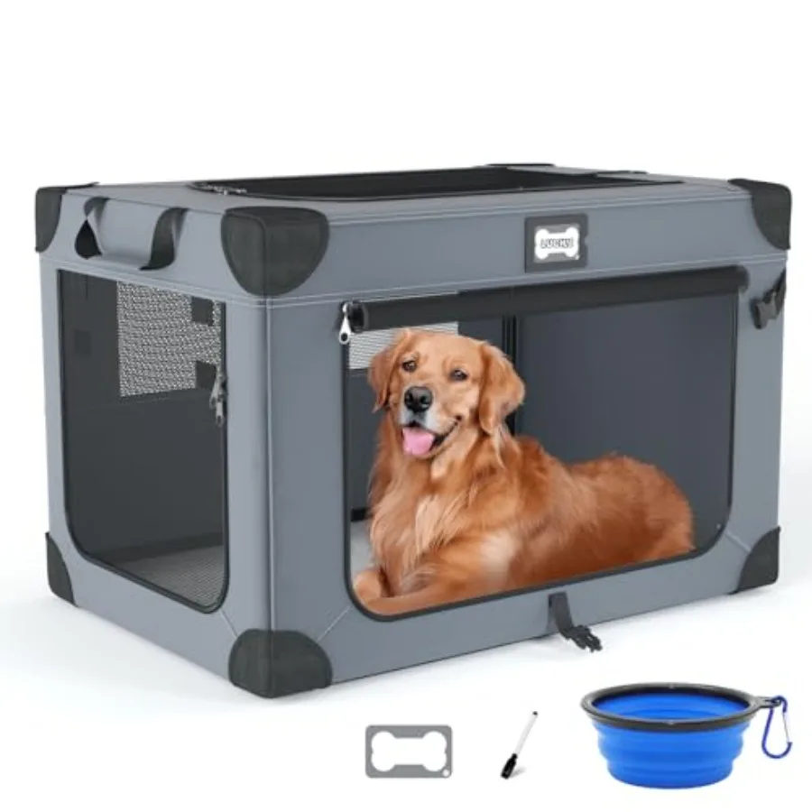 

42 Inch Soft Dog Crate Collapsible Travel Crate for Extra Large Dogs Indoor Outdoor Use 3-Door Foldable Pet Kennel with Mesh Wi