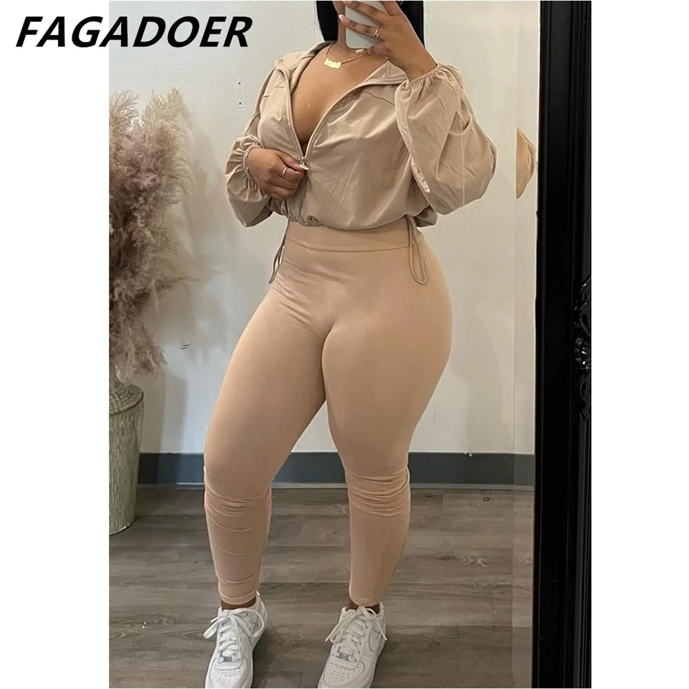 FAGADOER-Conjuntos femininos de duas peças, roupas de treino casuais com zíper, manga comprida, top de cordão e calça fina, roupas monocromáticas femininas