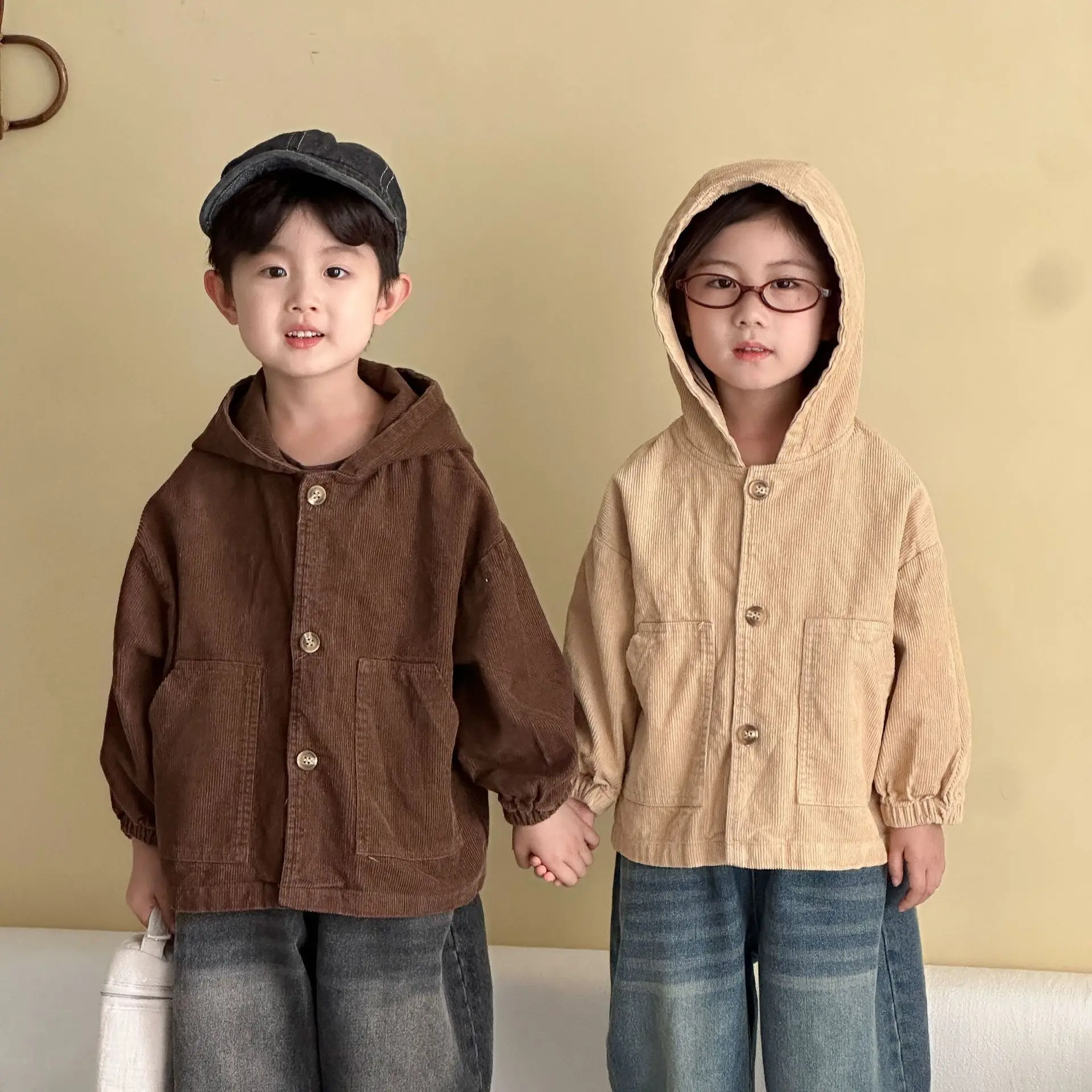 

2025 Autumn New Children Long Sleeve Corduroy Coat Solid Boys Pocket Hooded Jacket Baby Girls Casual Cardigan Kids Clothes