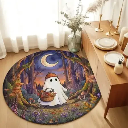 Round Area Rug Cute Ghost Autumn Forest Crescent Moon Mushroom Design 2D Flat Print for Living Room Decor