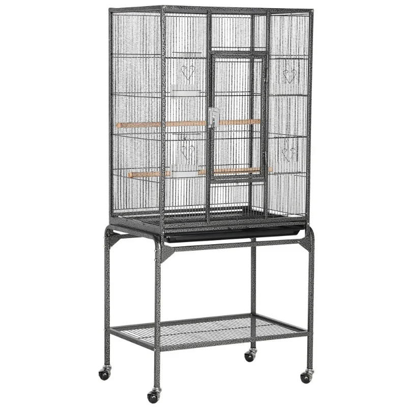 

53.7'' Metal Rolling Bird Cage with Stand, 4 Feeding Bowls, and 2 Perches, Black bird nest bird cage accessories