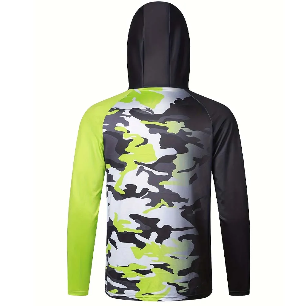 Black White Lime Green Camo Spliced Hooded Fishing Jersey, Quick Dry Anti-UV Masked Top for Fishing Hiking