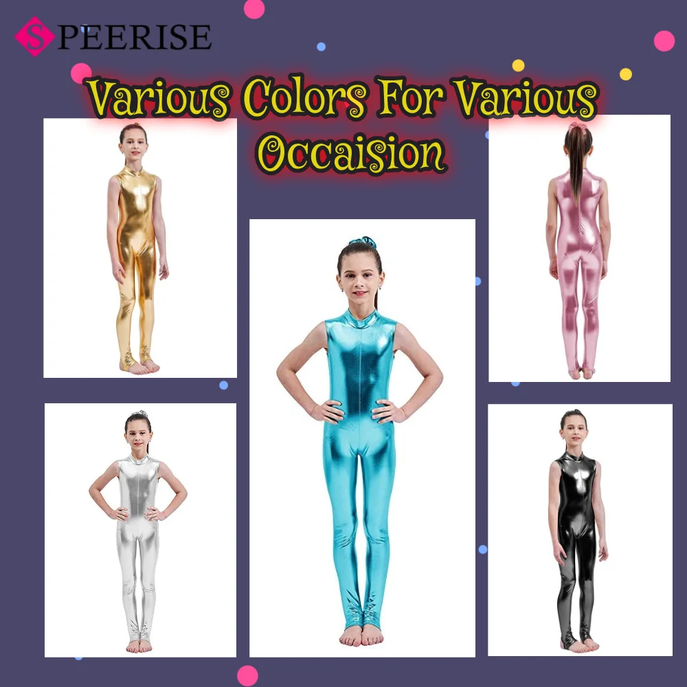 

Kids Metallic Turtleneck Unitards Stirrups Shiny Sleeveless Leotards Ballet Dance Wear Cosplay Show Suit Halloween Costumes