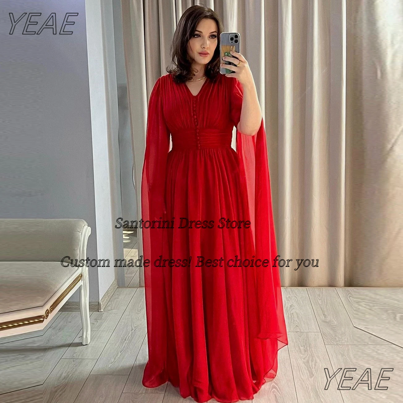 

Santorini Red Chiffon Plus Size Dresses for Evening Party V Neck Buttons Long Sleeves Prom Dress Women Wear Weddings