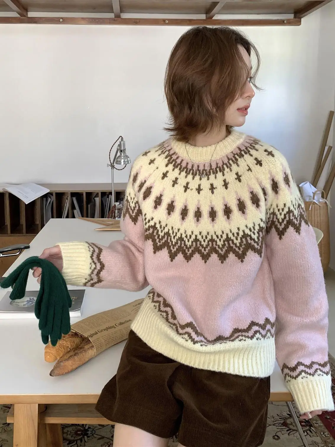 Pink Jacquard Knitted Sweater Women Autumn Winter New Sweet Long Sleeve Splicing Pullover Good-looking Thicken O-neck Tops