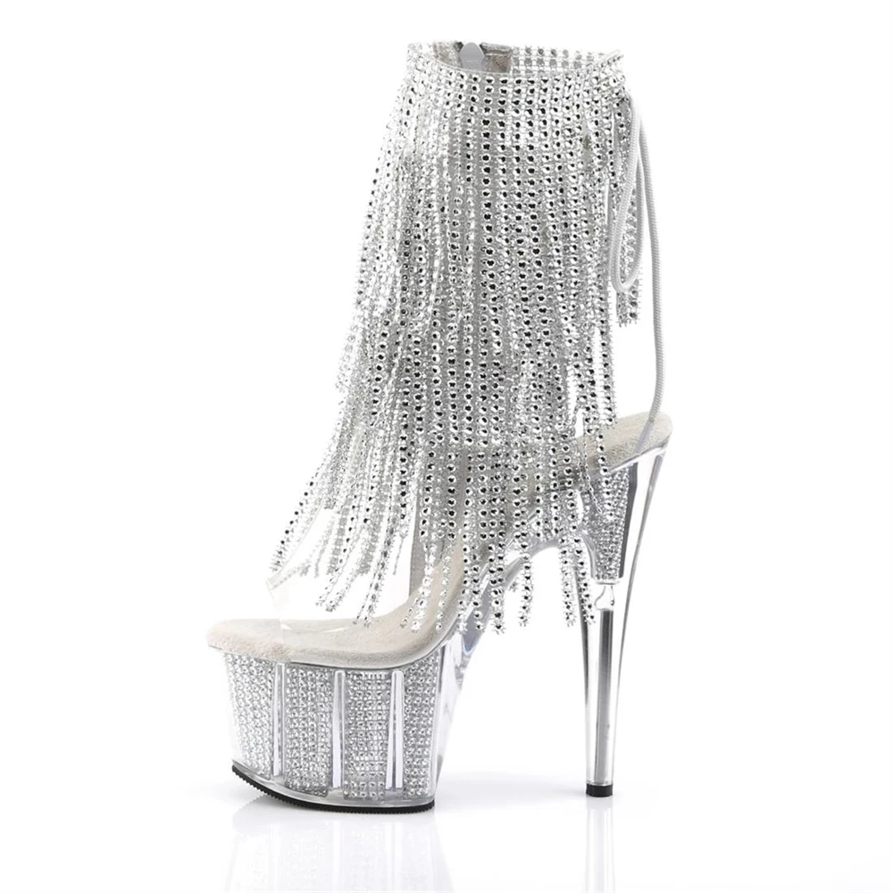 Brand Electroplated Tassels Pumps 17CM Thin High Heels Ankle Boots Pole Dance Nightclub Model Catwalk Platform Women's Shoes