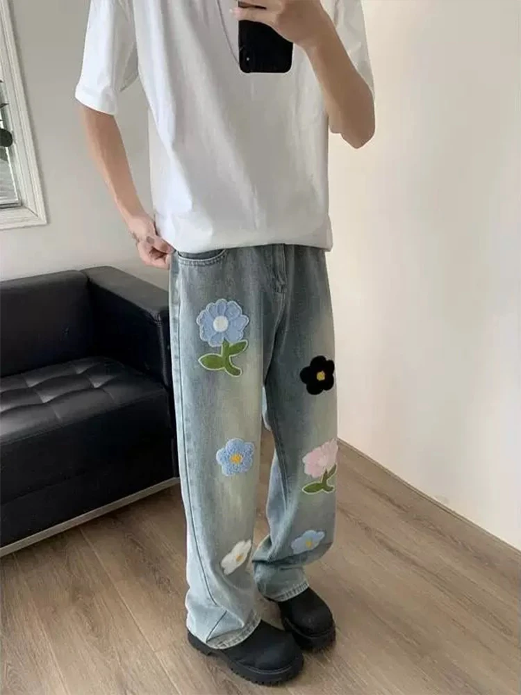 

Sli Embroidered Men's Jeans High Waist Straight Leg Long Pants Trendy Cool Streetwear Design Worn Feel Breathable Summer