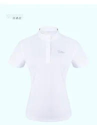 Cavassion equestrian costum white color horse jumping competition T-shirt short sleeve navy racing uniform female rider shirt