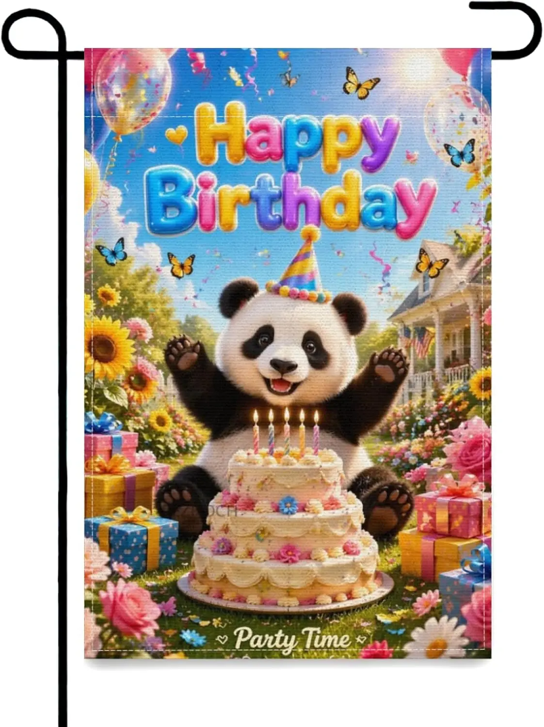 Happy Birthday Cute Panda Welcome Garden Flag 12x18Inch Outdoor Party Time Yard Decor,Funny Animal Birthday Party Balloon Do yyi