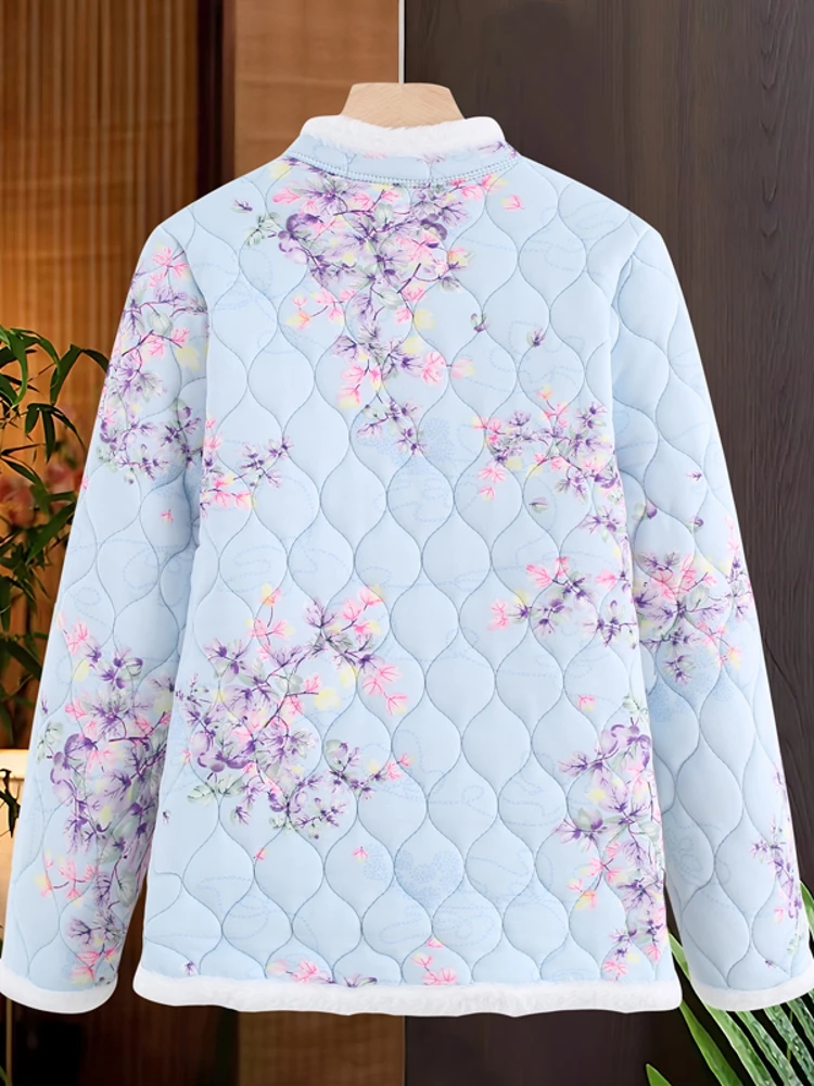 

Thiened Floral Print Warm Cotton Jaet for Middle-Aged Women V-Ne ort Outerwear Casual Loose Sle Polyester Fiber