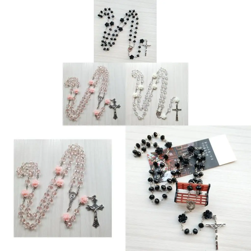 L43A Rose Crystal Rosary Necklace Catholic Vintage for Cross Pendant Long Chain Neckl