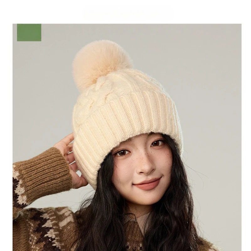 Women's Cable Knit Beanie with Oversized Pom Pom Autumn Winter Warm Chunky Ribbed Hat Cute Fluffy Folded Cuff Knitted Cap view 2