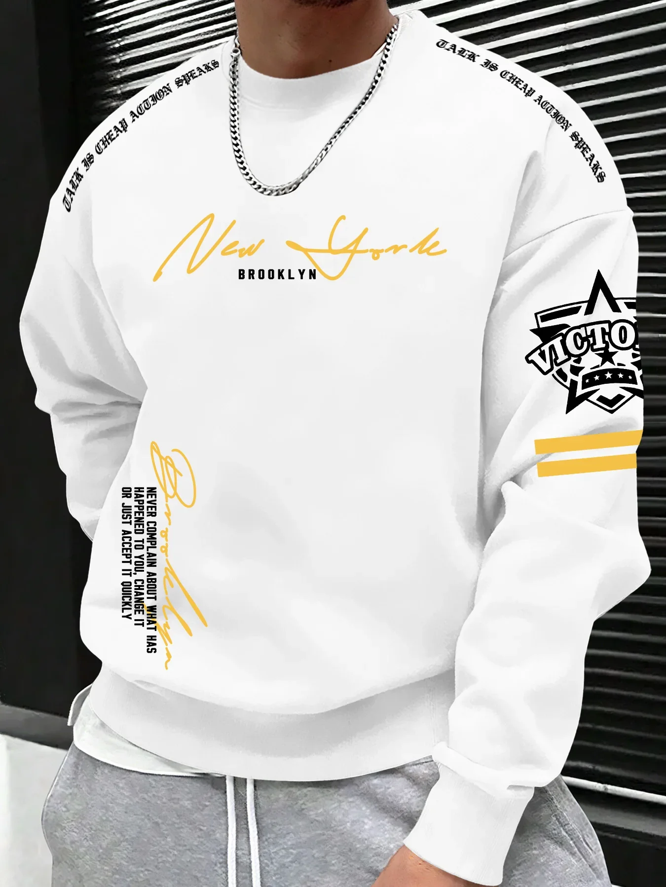 Herren Freizeitpullover mit Rundhalsausschnitt und langen Ärmeln, Sweatshirt mit New York Brooklyn Schriftzug- und Abzeichen-Grafikdruck, S-XXL – Detail 2