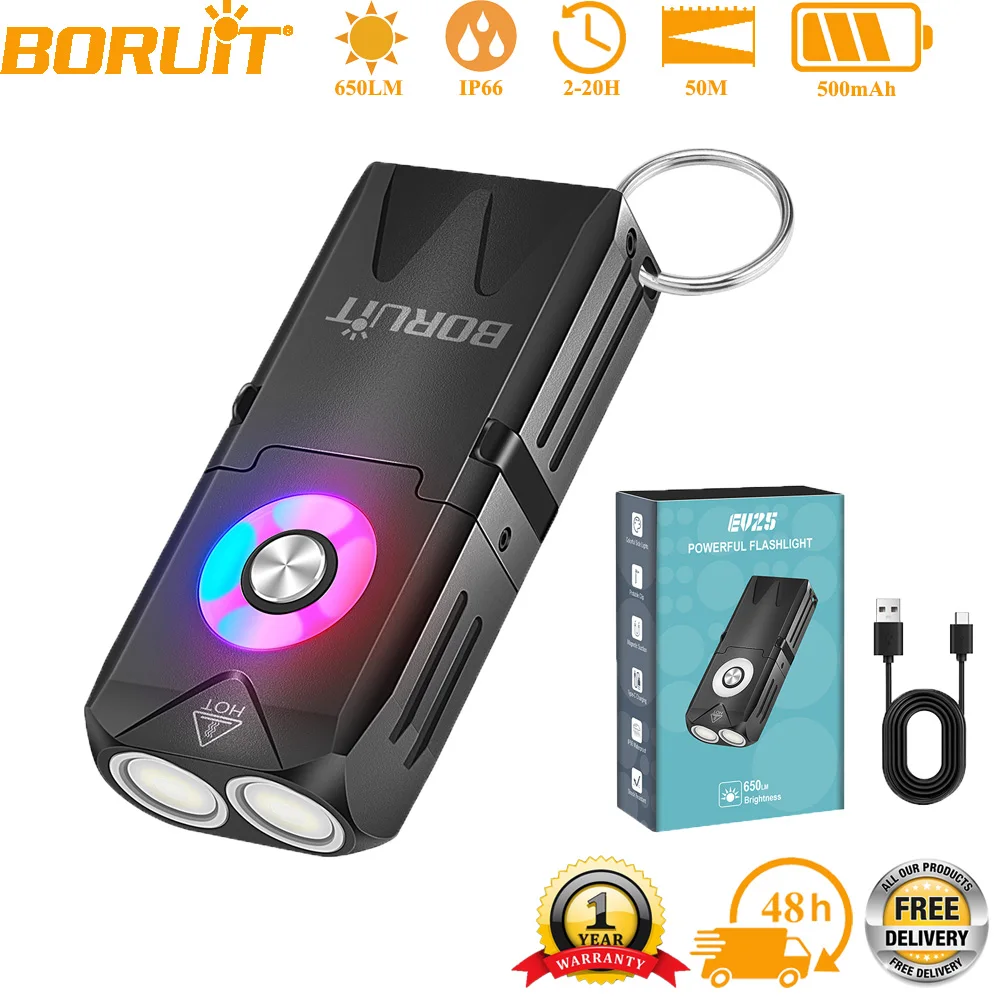 

BORUiT EV25 EDC брелок-фонарик 650LM RGB Light Type-C перезаряжаемый мини-фонарик магнитный рабочий фонарь карманный фонарь для кемпинга