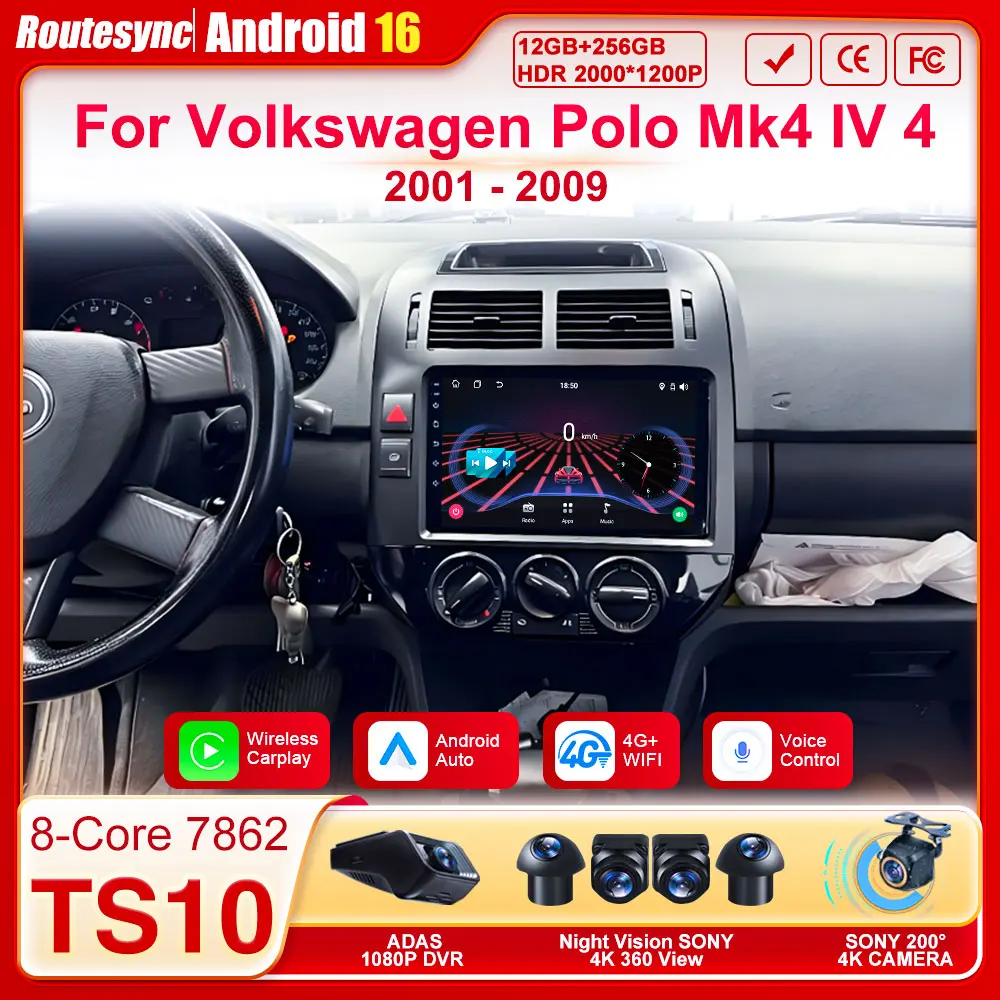 

Android 16 для Volkswagen Polo Mk4 IV 4 2001-2009 Автомобильный радиоплеер GPS-навигация Стерео головное устройство Carplay 5G Wi-Fi 8-ядерный BT