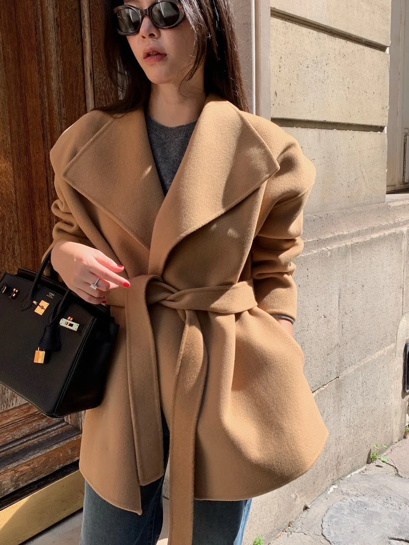 

Chic Vintage High Waist Slim Fit Pure Color Tweed Coat Women's Street Sle Spring Autumn Outerwear Classic Collar Wrap
