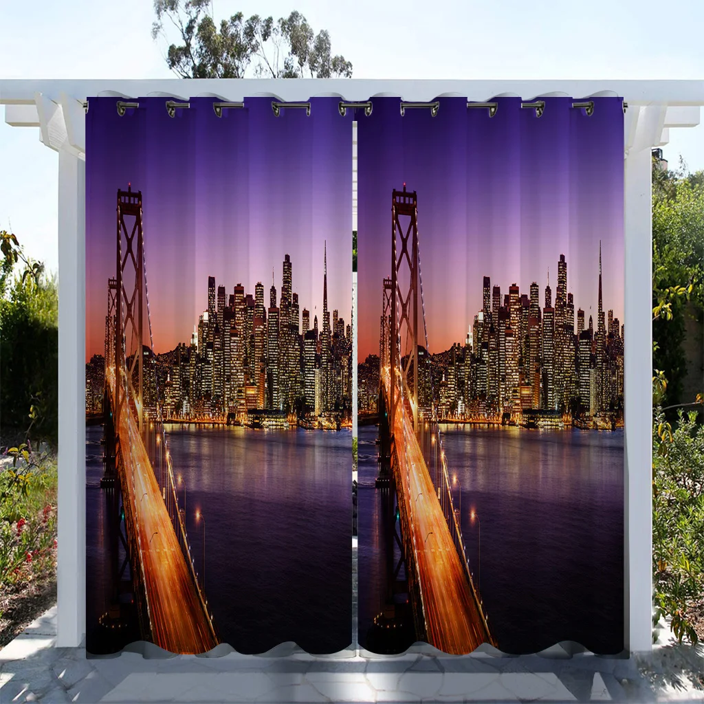 

1pc Outdoor Waterproof Oil-proof Curtains,Modern Sunshade City Light Night View River Building Print Curtain For Living Room