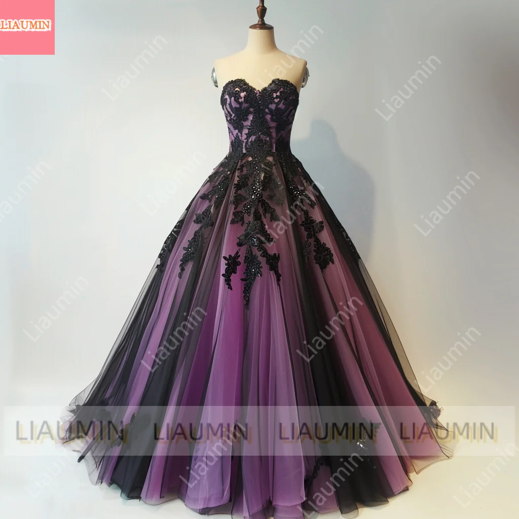 Purple and Black Lace Applique Sweetheart Strapless Ball Gown Full Length Evening Formal Party Prom Dress Customized W11-7