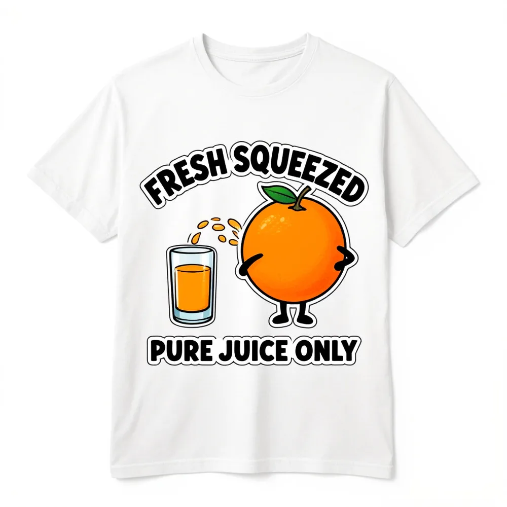 100% Cotton Fresh Squeezed Pure Juice Only Funny Orange Cartoon Graphic T-Shirt Humor Fruit Lovers Short Sleeve Tee