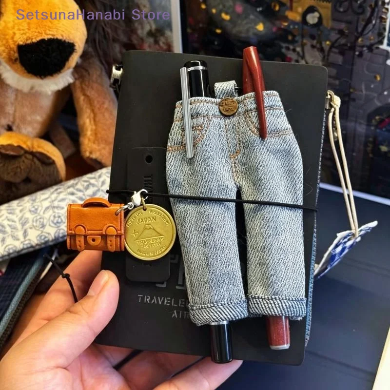 [W]Vintage Mini Denim Pants Pen Holder Clip Cute Jeans Shape Pen Organizer Keyring Portable Fabric Stationery Bag Student Gift