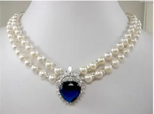 

New 2015 Fashion jewelry 2 row white pearl blue heart crystal Pendant Necklace