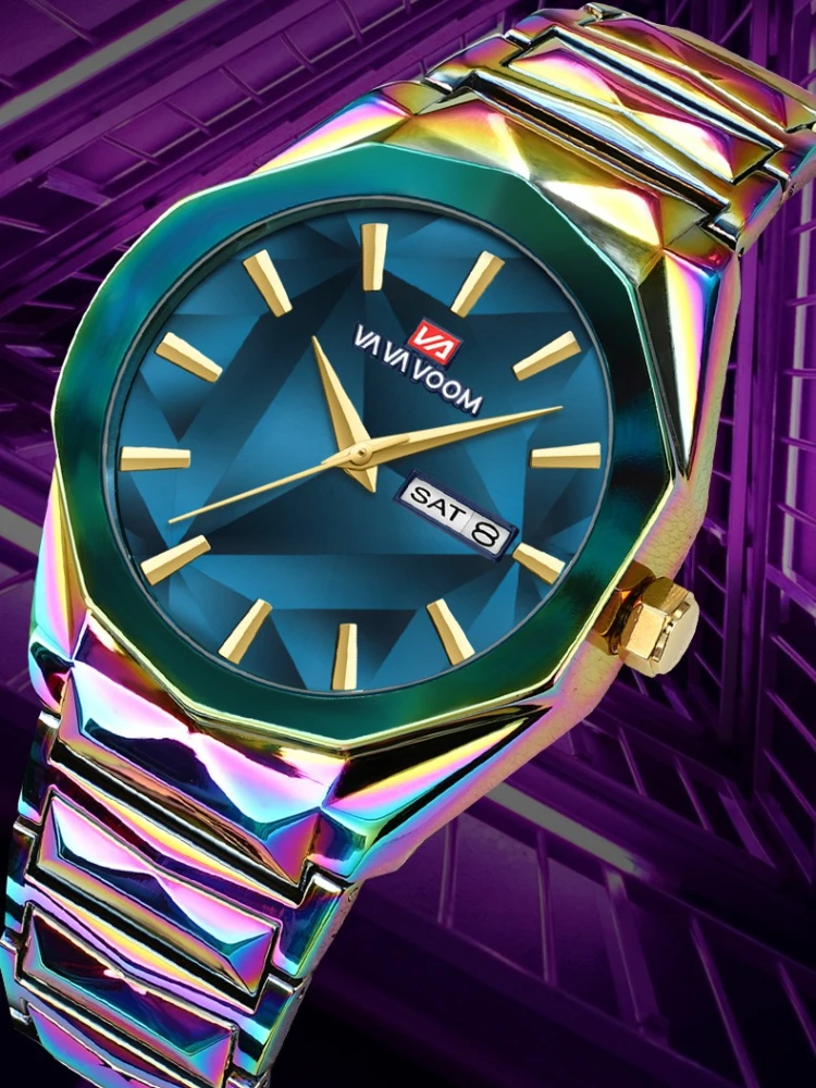 VAVAVOOM 2941 New Gradient Color Steel Strip Men Watch Dual Calendar Waterproof Quartz High-end Fashion Sense Color Change Watch