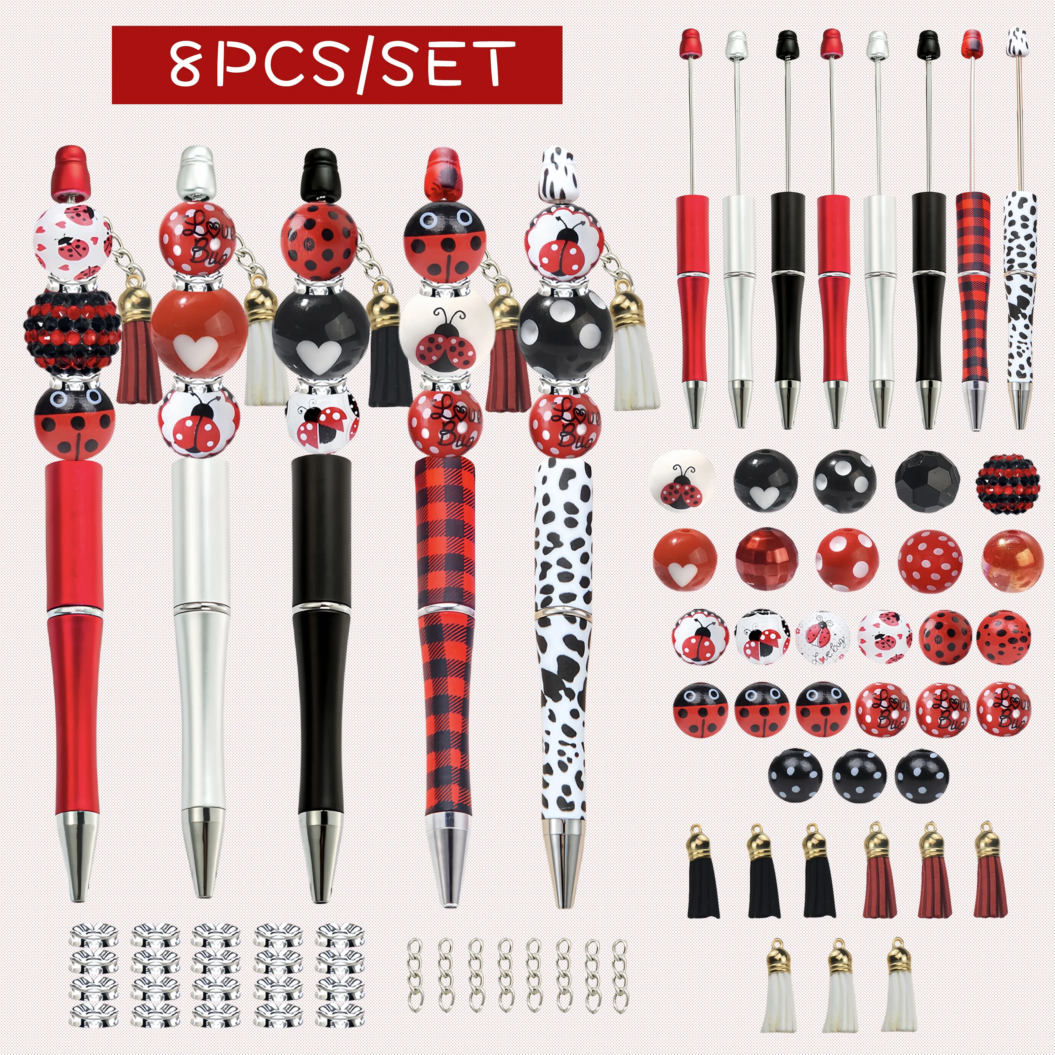 

8 шт., весенне-летняя красная божья коровка, тема животного, сделай сам, шариковая ручка из бисера и акриловая бусина, набор подвесок с кисточкой из деревянных бусин