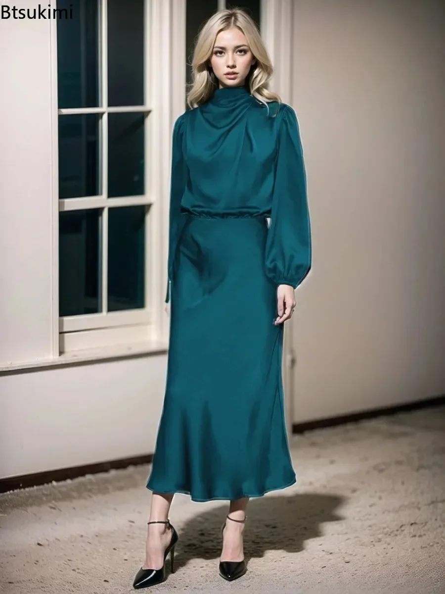 Eleganckie damskie ubrania 2025, wysokiej jakości satynowe sukienki maxi z długim rękawem i golfem, sukienki koktajlowe na przyjęcia i wieczorne wyjścia.