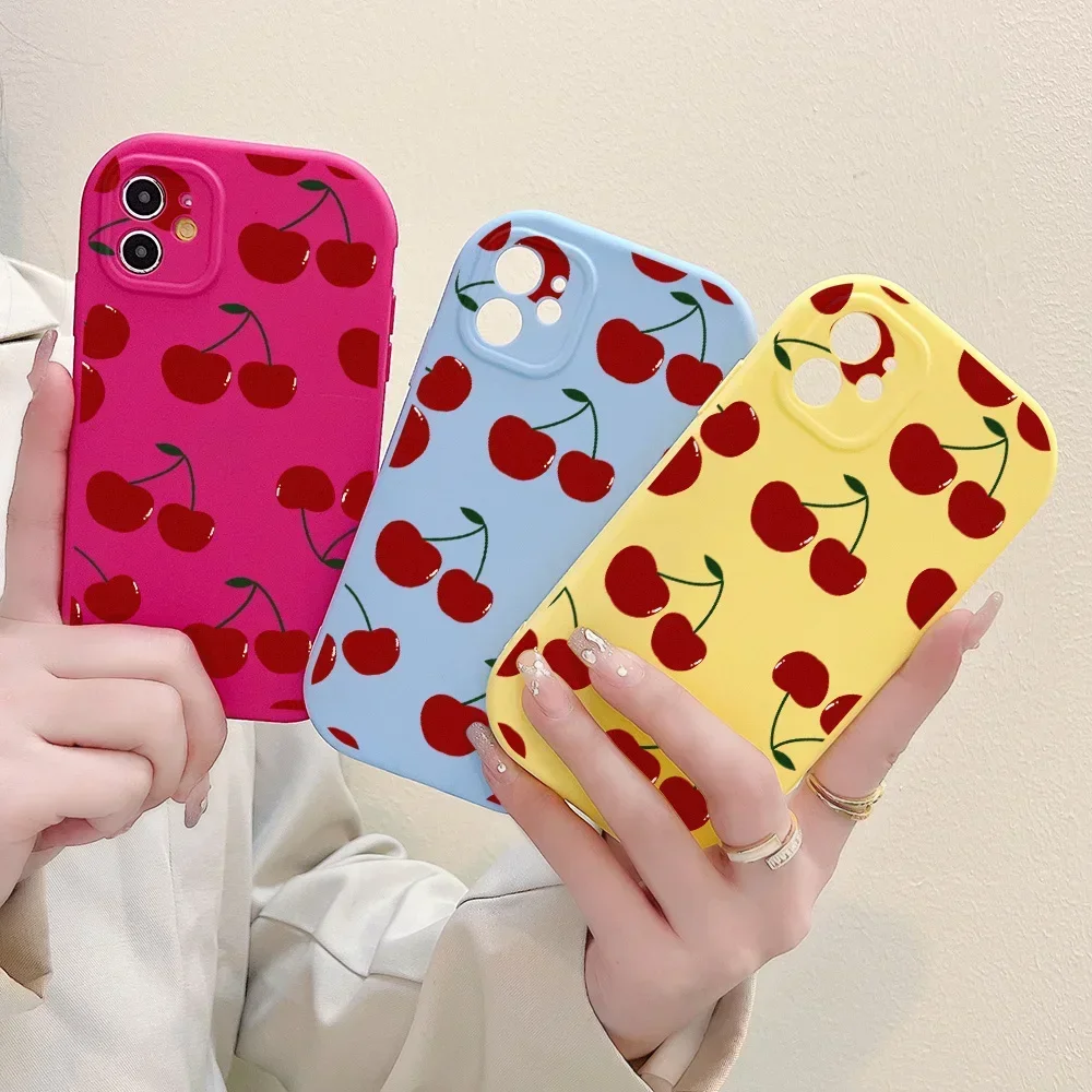 

Red Cherry Phone Case For iPhone 15 14 13 12 11 Pro Max X XR XS MAX 7 8 Plus SE 2020 Shockproof Silicone Soft Candy Color Cover