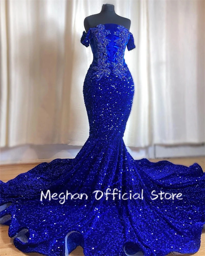 

Royal Blue Sequin Prom Dresses Long Bead Crystal Appliques Luxury Dress Women 2024 Off The Shoulder Evening Gown Customized