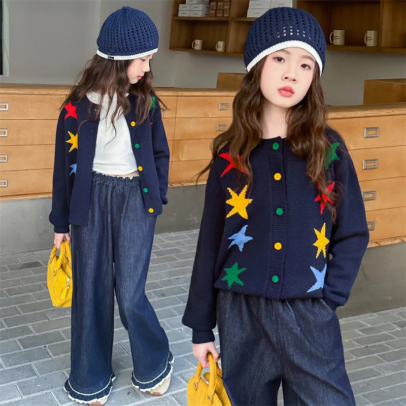

New Arrival Children Navy Color Cardigan with Stars Pattern for Teens Girl Fashion Slim Fit Knitwear Kids Casual Knitted Sweater