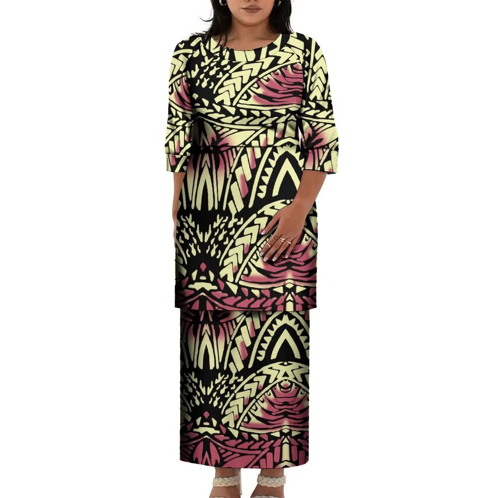 Dropshipping Custom Samoan Puletasi Dresses Set Large Size Women O Neck Prom Dress Tonga Samoan Print Half Sleeve Dress 2 Piece
