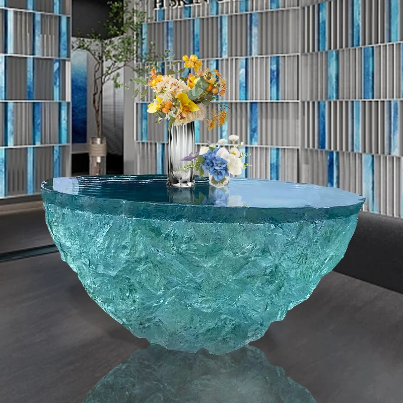 

Hotel villa home transparent blue ocean coffee table designer round tea table art decoration