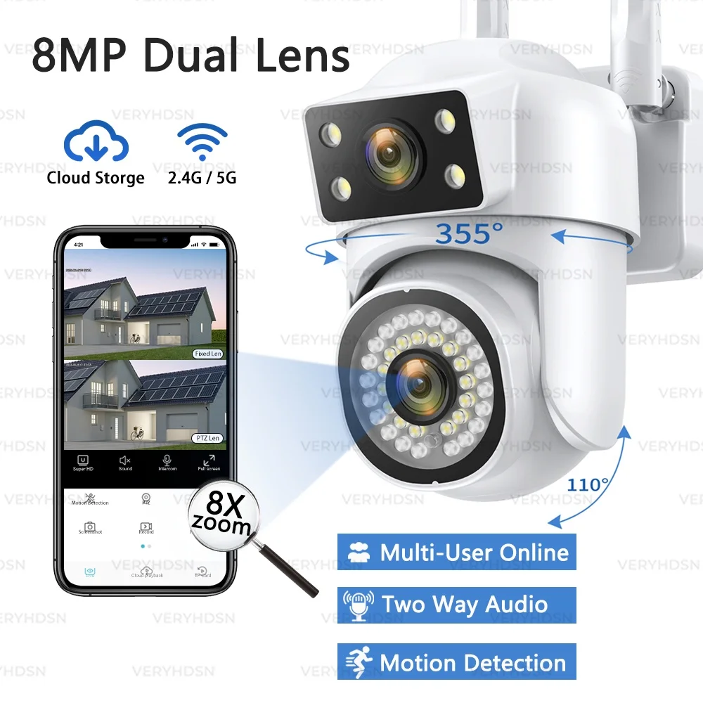 4K 8MP Wifi kamera PTZ podwójny obiektyw CCTV IP wideo kamera monitorująca wykrywanie przez człowieka Auto Tracking noktowizor na zewnątrz wodoodporny