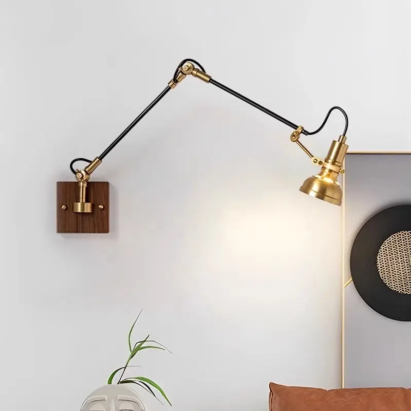 Scandinavian Japanese Wabi Sabi Industrial Wall Lamp Solid Wood Brass with Switch for Bedside Reading