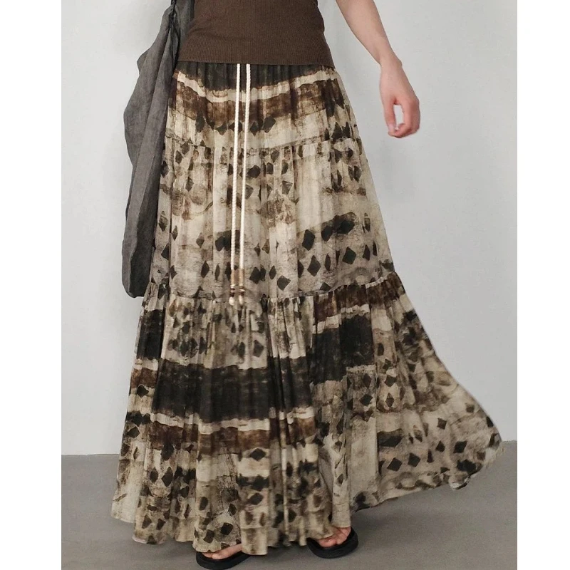 Bohemia Elastic Waist Loose Contrast A-line Skirt Summer New Vintage Youth All-match Skirt Street Casual Fashion Women Clothing