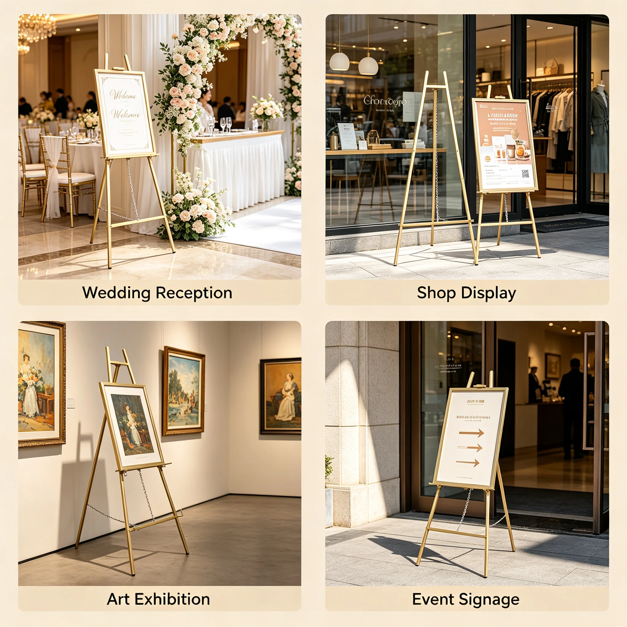 2-Pack Tall Steel Pipe Portable Floor Easel Stand Gold Finish, Adjustable Height & Angle Wedding Display Easel for Signs Posters Paintings, Foldable Heavy Duty 11.02lbs Capacity for Exhibitions Shops Events view 3