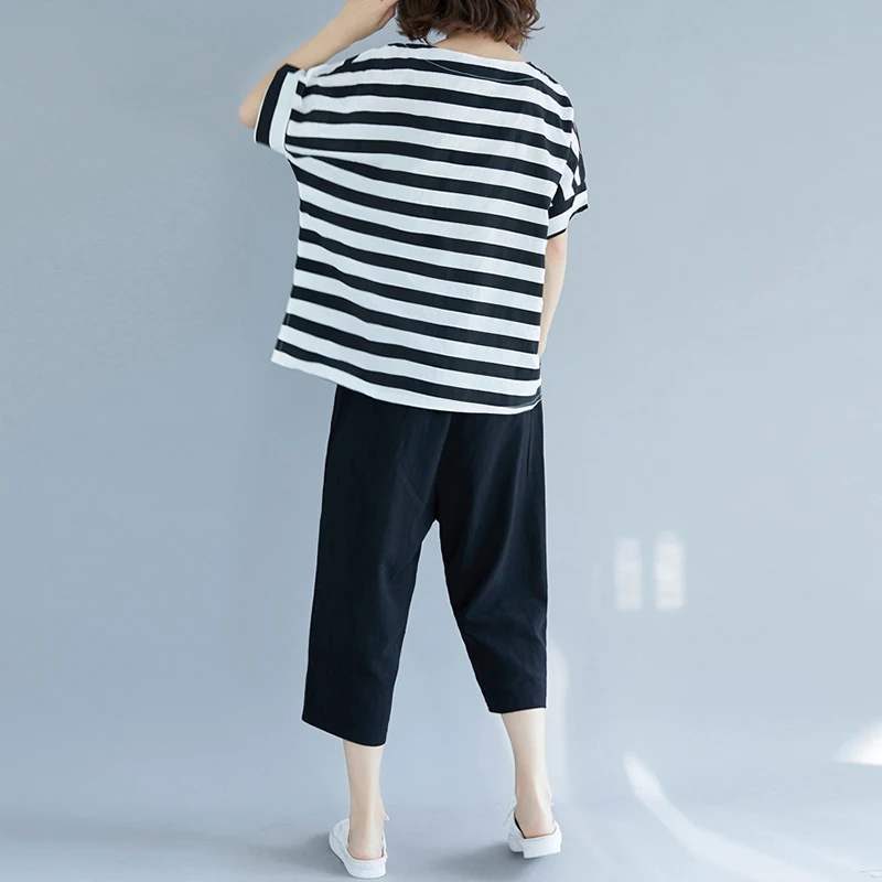 ファッショナブルなルーズコットンリネンバットウィングスリーブラウンドネックストライプTシャツとワイドレッグパンツのツーピースセットレディース服