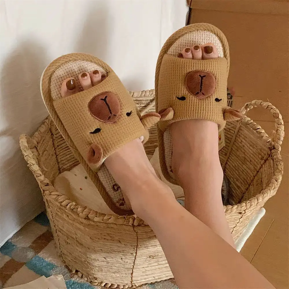 

Soft Warm Capybara Slippers Cartoon Home Wear Shoes Capybara Linen Slippers Thick Sole Silent Winter Capybara Slides Women