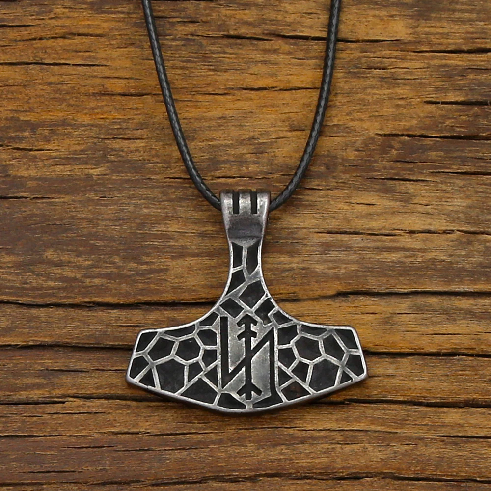Vintage Stainless Steel Thor Hammer Pendant Nordic Rune Carved Mjolnir Charm For Men Viking Amulet Leather Cord Necklace Jewelry
