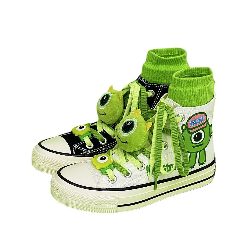 Disney Monsters University Mr.Q Mike High Canvas Shoes Fashion Casual Cute Graffiti Pattern Cartoon Boys Girls Shoes + Dolls