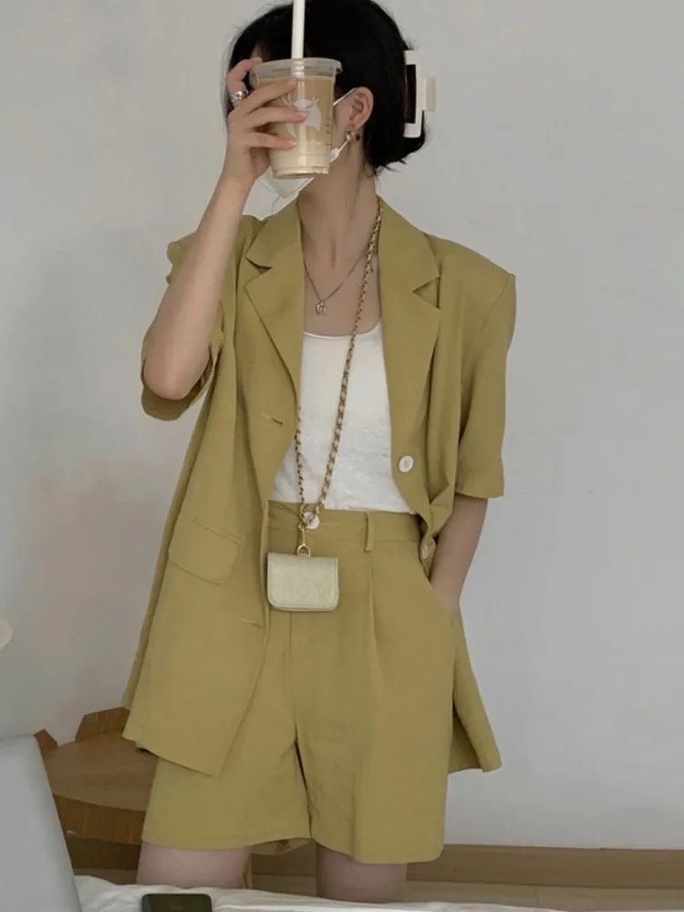 여름 신상 코튼 린넨 반팔 수트 자켓 & 캐주얼 수트 반바지 여성 세트, 젊은 여성을 위한 트렌디한 투피스 앙상블