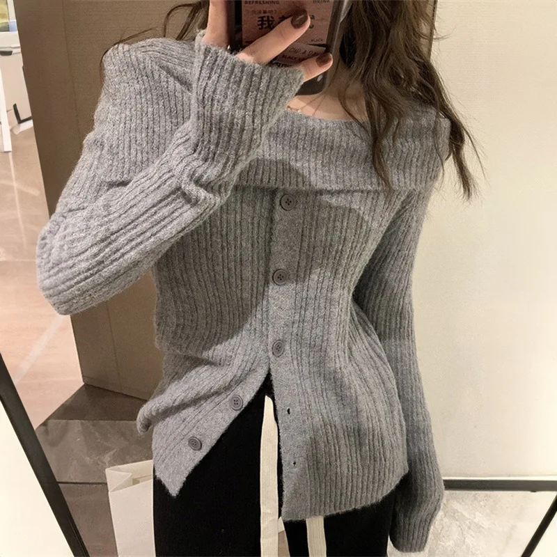 

Slash-neck Ribbed Solid Crop Tops 2024 Autumn Skinny Off Shoulder Long Sleeve T Shirt French Gentle Tight T-shirts LX30